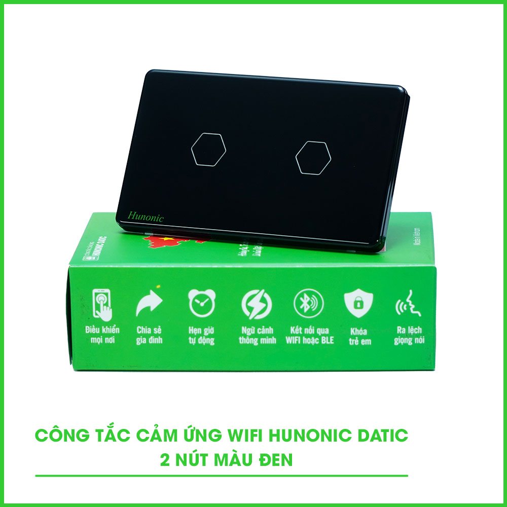 Công Tắc Cảm Ứng 2 Nút Wifi Hunonic Datic Màu Đen